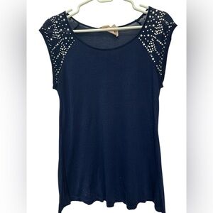 Philosophy Bedazzled Cap Sleeve Top T-Shirt Tee Navy w/ Diamond Bedazzle